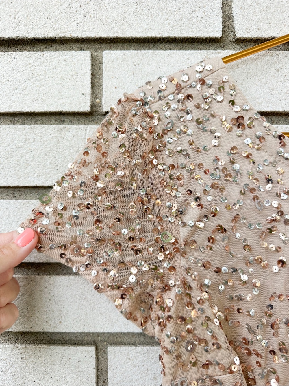 Adrianna Papell 10 Champagne Sequin Beaded Mesh Cocktail Sheath Party Dress - Picture 6 of 11